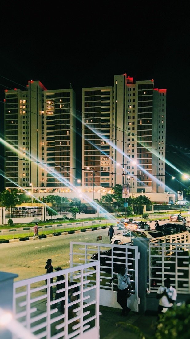City towers lit up at night